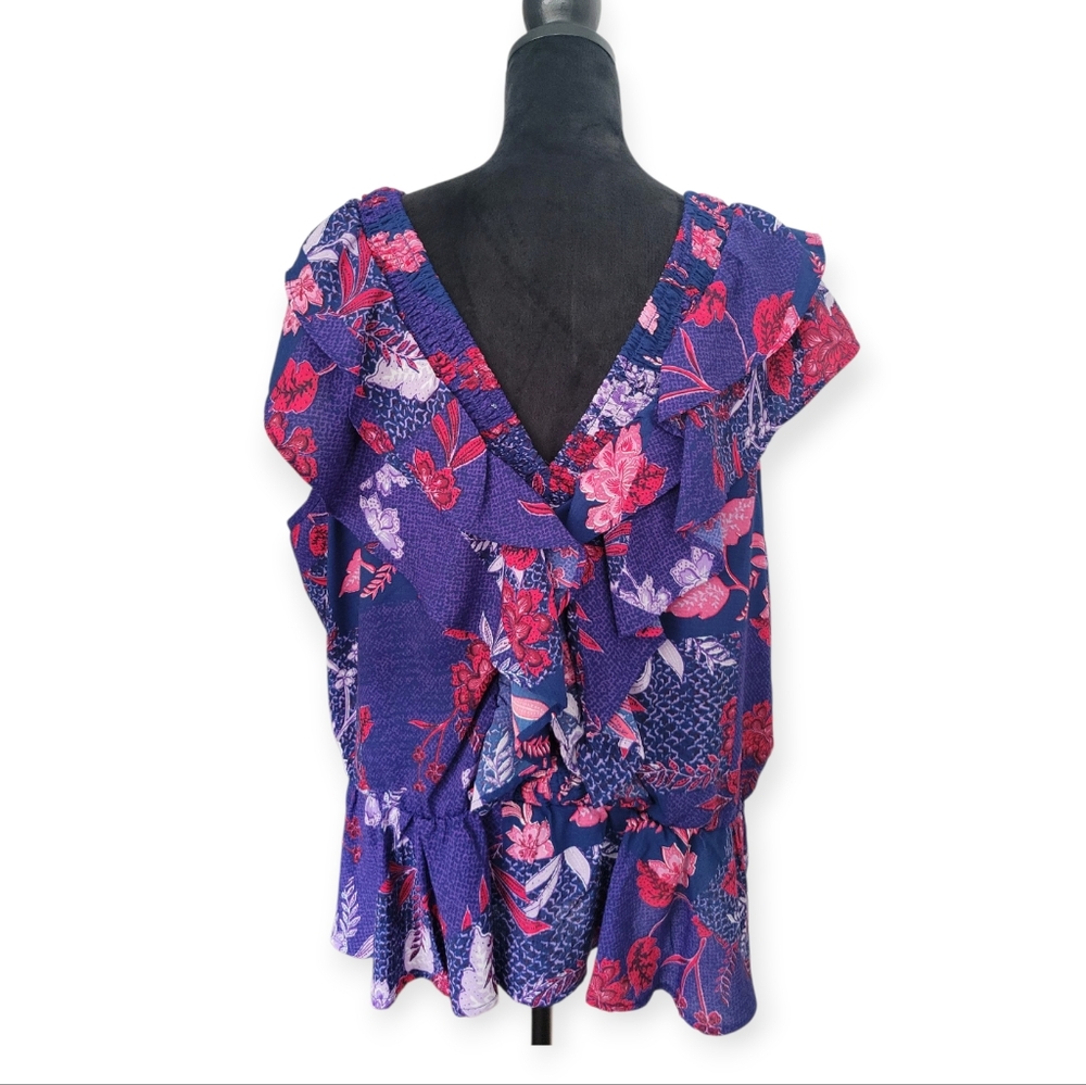 Colorful Floral Smocked Ruffle Flutter Sleeve Top - Picture 2 of 11